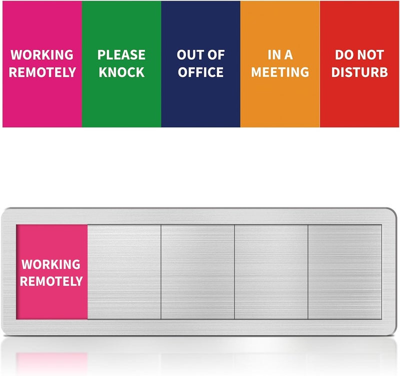 EliteSign Office Door Signs Do Not Disturb, Please Knock, In A Meeting, Out Of Office, Working Remotely 5 Options Privacy Door Slider Sign For Meeting & Conference Room Brushed Silver - Image 1